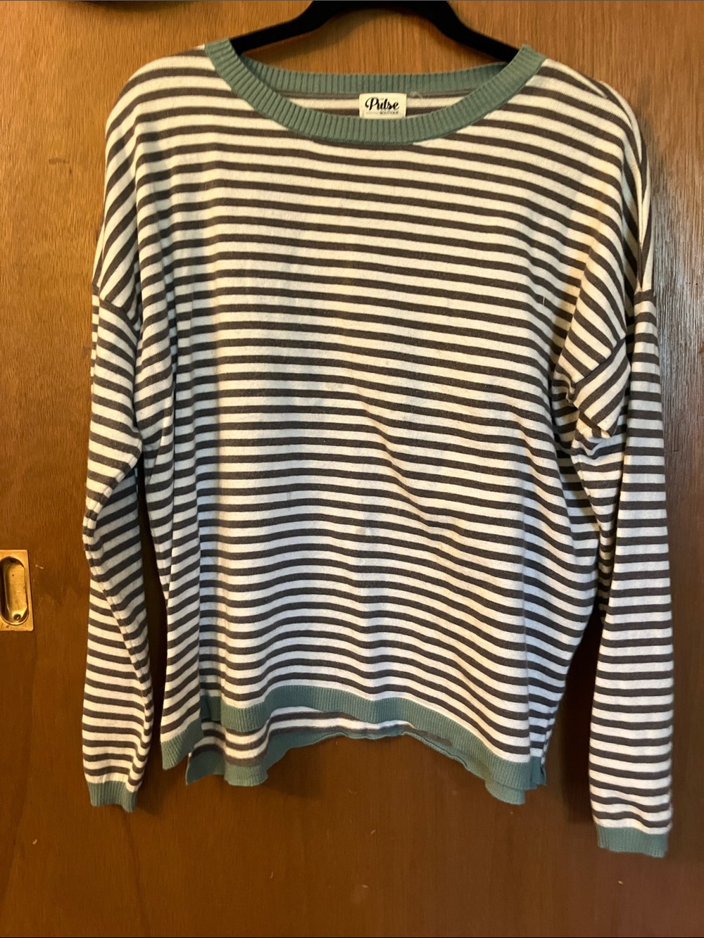 Pulse Striped Crew Neck Sweater in White and Gray with Sage Trim